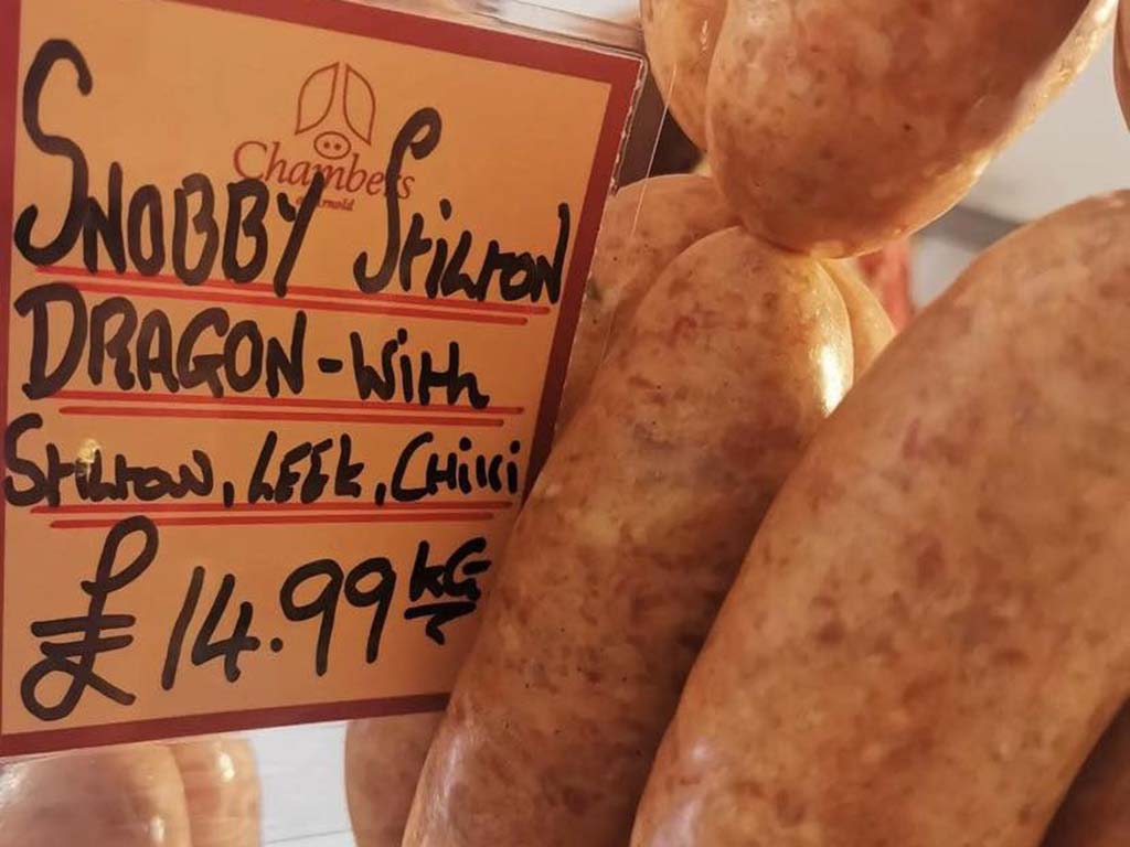 Marinated chicken, pork and lamb kebabs in the BBQ counter at Chambers Butchers of Arnold